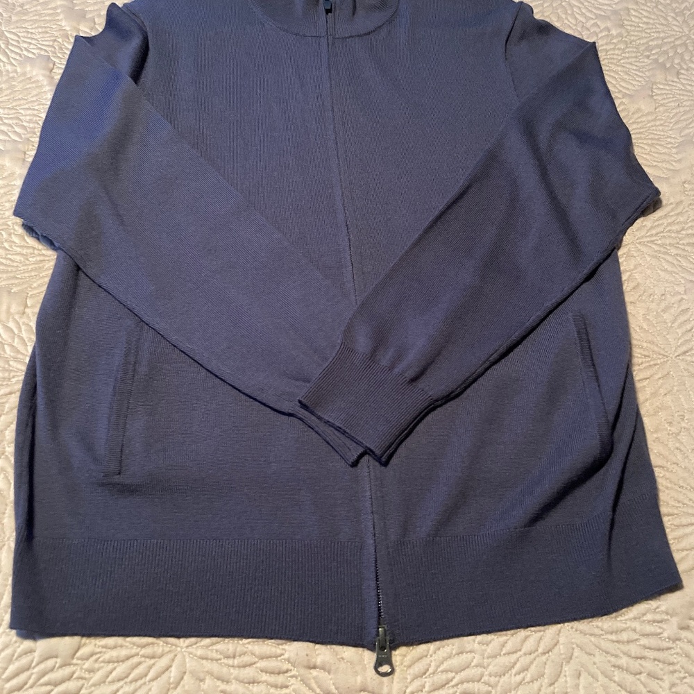 Mens blue merino wool zip cardigan.